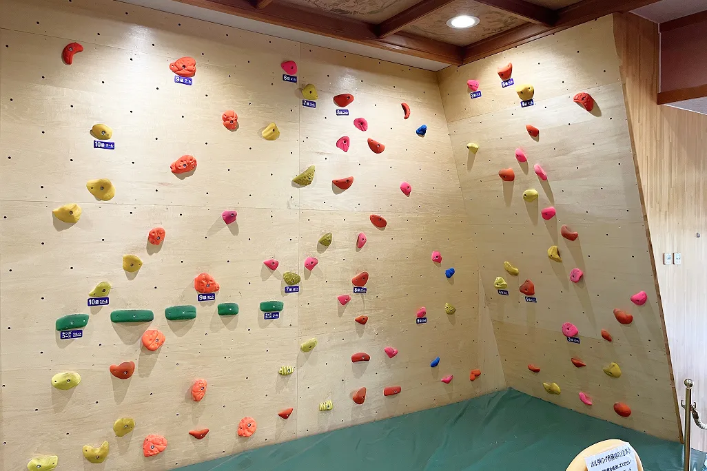 明るい木目調の壁面に、赤、黄、緑など様々な色や形のホールドが多数取り付けられたボルダリングウォールで、足元には安全のために緑色のマットが敷かれており、ロビーの一角で旅の思い出作りになる挑戦を待っている。