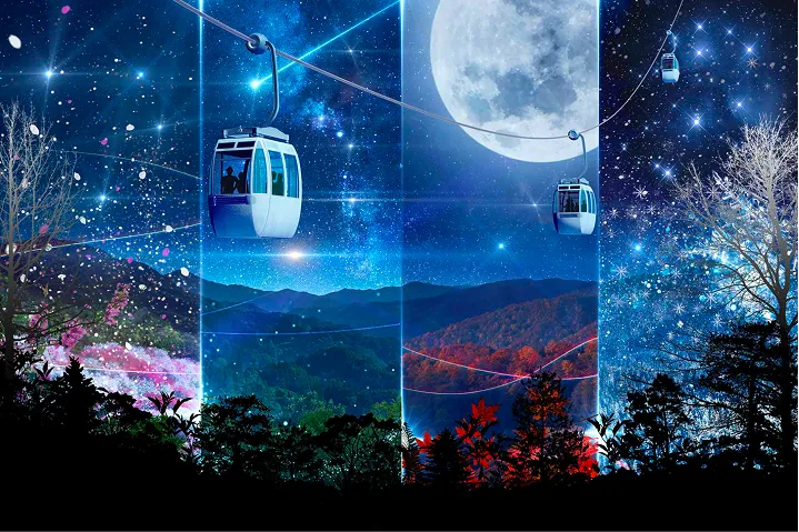 満天の星と大きな月が輝く夜空の下、四季折々の山々の上をロープウェイが進む幻想的なイメージイラスト