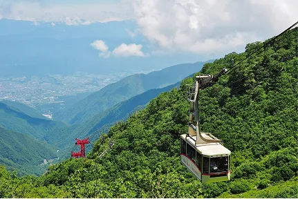 緑豊かな山の中をロープウェイから楽しめる様子