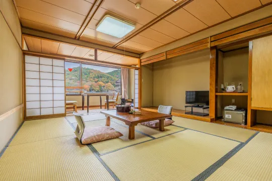 窓から紅葉が見える和室の客室