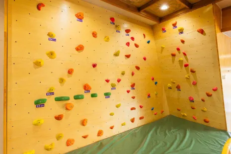 カラフルなホールドがある屋内ボルダリングウォール